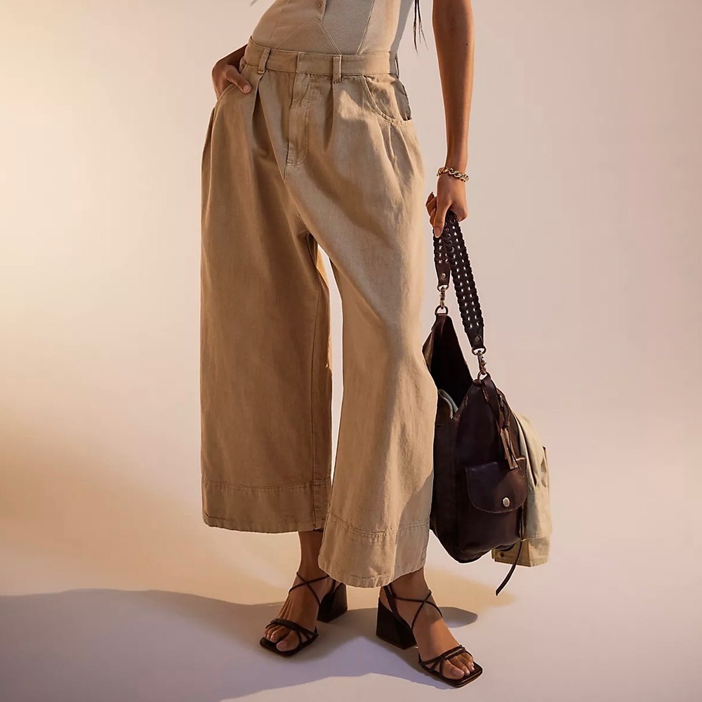 Free People Sweet Talk Chino Pants Size 2 Tan Wide Leg Crop Pleated Linen Blend